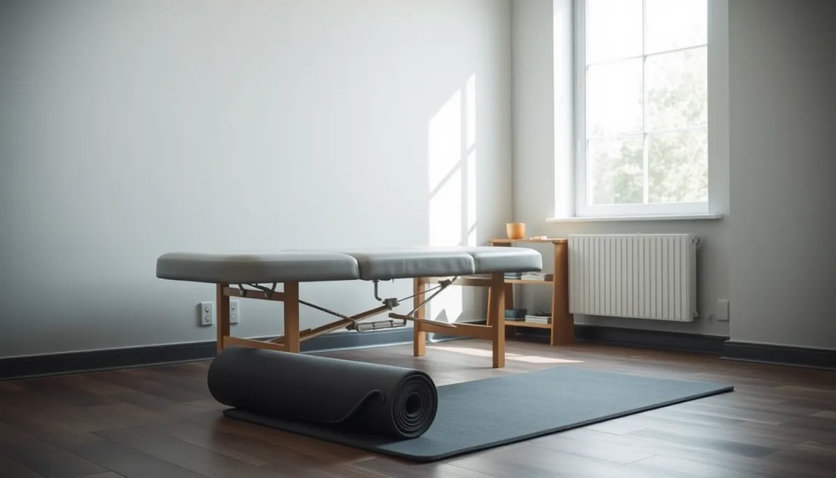A calm, bright treatment room with a physiotherapy couch and an exercise mat rolled out beside it.